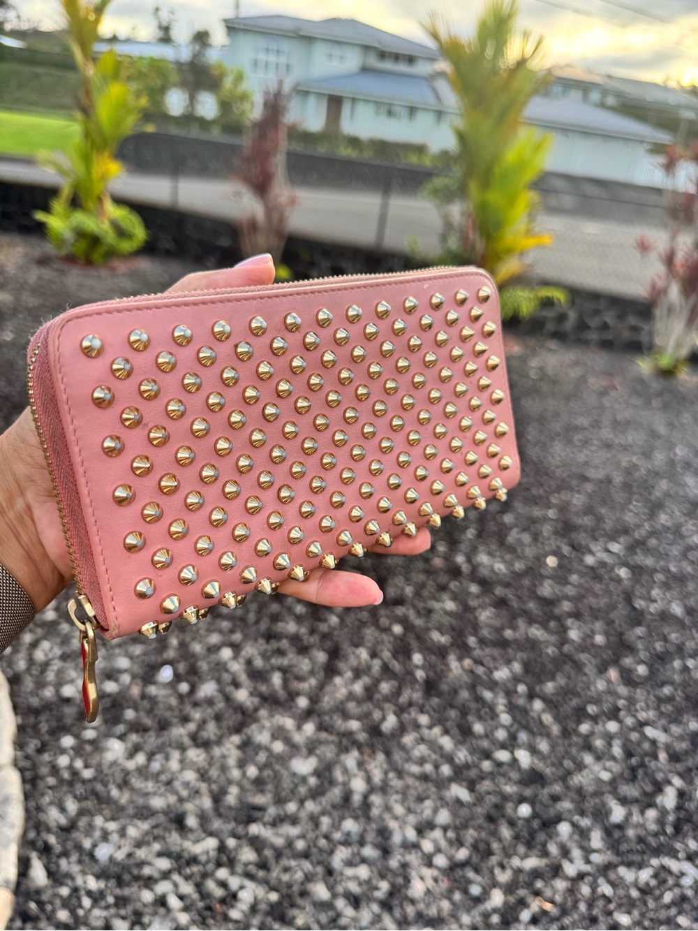 Christian Louboutin Pink Spiked Zip Around Wallet Gold Studs Leather - Picture 6 of 14